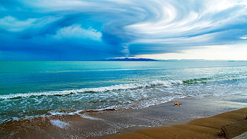 See Blue Sea, sea, sand, aqua, cyan, serene, Firefox Persona theme, tranquil, beach, star fish, clouds, sky, ocean HD wallpaper