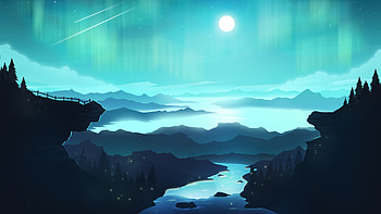 Northern lights, river flower, moon night, horizon, artwork HD wallpaper