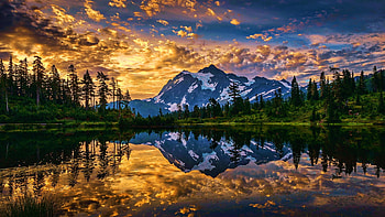 Lake with Mount Shuksan, North Cascades, Washington, trees, clouds, colors, sky, usa, sunset, reflections, lake, landscape HD wallpaper