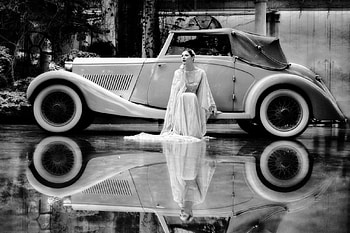 A Vintage Bride, reflection, bride, vintage, car HD wallpaper