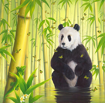 Panda bear, bamboo, panda, animal, black, white, art, urs, robert bissell, painting, bear, green, pictura HD wallpaper