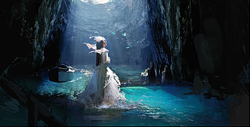 Cave, blue, white, art, fantasy, girl, water, yakun wang HD wallpaper