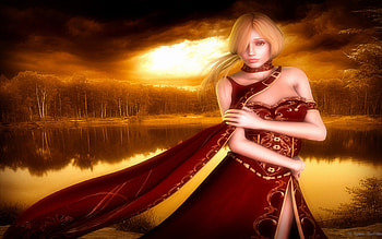 Autumn Beauty, art, trees, girl, dress, sun HD wallpaper
