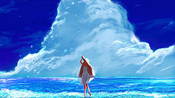 Anime Girl Beach Happy Long Hair Clouds , anime-girl, anime, artist, artwork, digital-art HD wallpaper