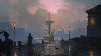 Sleepy harbor, silhouette, harbor, sunset, sea, ship, art, man, joseph feely, pink, fantasy, sky, water, cloud HD wallpaper