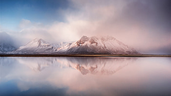 Landscape View Of Snow Capped Mountains In White Clouds Blue Sky Reflection On Water Nature HD wallpaper