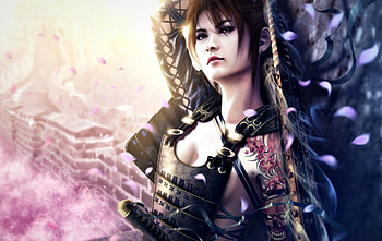 Fantasy girl, blue, black, skull, tattoo, mario wibisono, spring, petals, hida eijiko, sword, girl, armor, woman, pink, fantasy, sakura, samurai, katana HD wallpaper