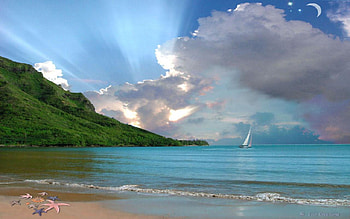 sailing into a dream, starfish, clouds, rays, water HD wallpaper