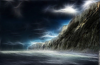 Night cliffs, night, darkness, moonlight, cliffs, sky, water HD wallpaper