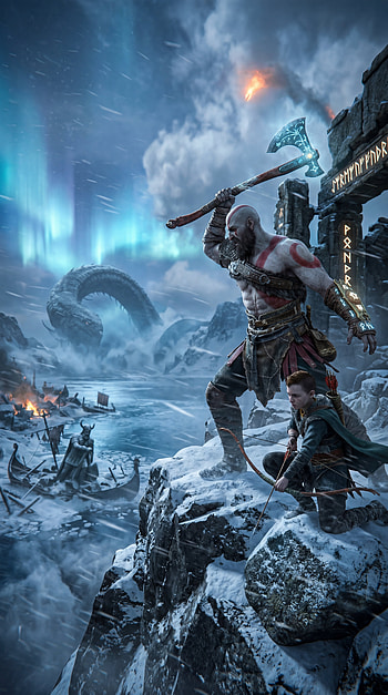 Frostbound Kratos - God of War | Aurora of War | Axe & Son: Norse Vigil, God of War, viking, aurora borealis, snake HD phone wallpaper