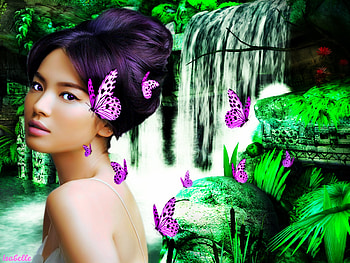 Bella LUNA del Cielo , LUNA, Watefalls, Paradise, Woman, Butterflies, Nature, Fantasy HD wallpaper
