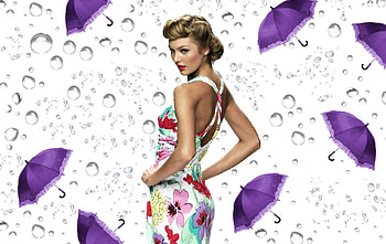 Candice Swanepoel, blue, umbrella, white, by cehenot, model, blonde, water drops, girl, dress, woman, purple, flower HD wallpaper