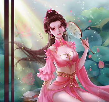 Fantasy girl, blue, hand fan, pink, fantasy, evantai, girl, irisheart HD wallpaper