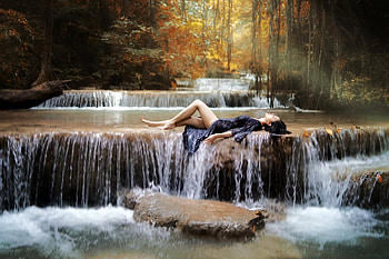Model Posing on a Forest Waterfall, waterfall, model, forest, brunette HD wallpaper