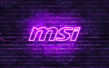 MSI violet logo, , violet brickwall, MSI logo, brands, MSI neon logo, MSI HD wallpaper
