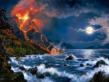 erupción de un volcán, mar, fuego, erupcion, volcan HD wallpaper
