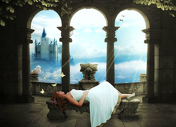 Beauty sleeps, window, pillars, owl, butterflies, white dress, fantasy, sleeping woman, castle, misty sky, ocean HD wallpaper