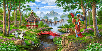 Summer, horse, abolfazl mirzabeygi, crane, hand fan, painting, pictura, brudge, vara, frumusete, art, asian, bird, tiger, girl, bridge, waterfall, pavilion, evantai HD wallpaper