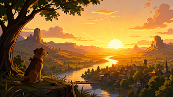 Golden Sunrise Over River Valley —, Dog HD wallpaper