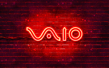 VAIO red logo, , red brickwall, VAIO logo, brands, VAIO neon logo, VAIO, Sony VAIO HD wallpaper
