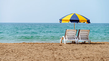 Two White Chairs Under Umbrella Beach Sand Ocean Waves Under Blue Sky Nature HD wallpaper