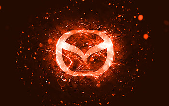 Mazda orange logo, , orange neon lights, creative, orange abstract background, Mazda logo, cars brands, Mazda HD wallpaper