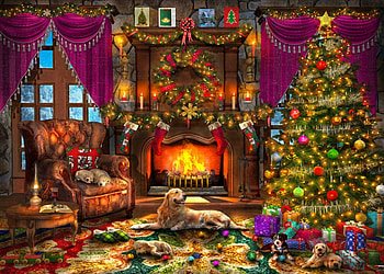 Festive fireplace, dog, craciun, art, room, dominic davison, fireplace, tree, labrador, painting, pictura, festive, caine HD wallpaper
