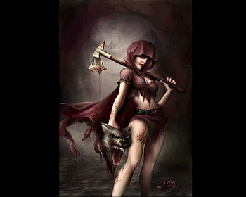 Who Needs The Woodsman, red riding hood, wolf head, blood, ax, cabin HD wallpaper
