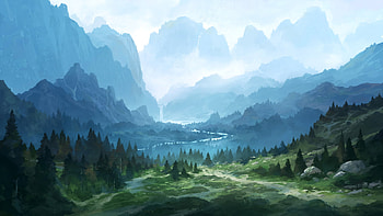 Fantasy Landscape, Mountains, Waterfall, River for HD wallpaper