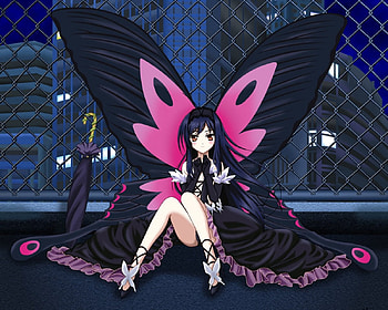 KuroYukiHime, umbrella, black, sit, long hair, dress, beauty, sitting, butterfly, wing, fence, , hime, female, accel, sexy, wings, accel world, scene, yuki, house, hot, girl, beautiful, black hair, anime girl, anime, kuro, building, world, gown, home HD wallpaper