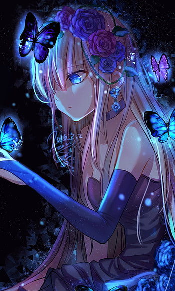 Anime Girl and Butterflies, butterfly, blue eyes, long hair, Anime, girl, anime girl HD phone wallpaper
