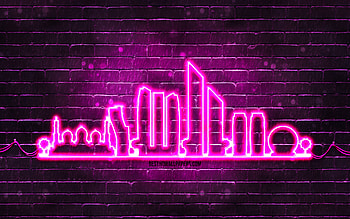 Abu Dhabi purple neon silhouette, , purple neon lights, Abu Dhabi skyline silhouette, purple brickwall, UAE cities, neon skyline silhouettes, UAE, Abu Dhabi silhouette, Abu Dhabi, United Arab Emirates HD wallpaper