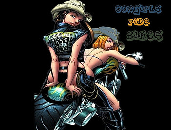 Cowgirls, comedy, fun, art, anime, bikes, girls, motorcycles, women, boots, western, hats, female HD wallpaper