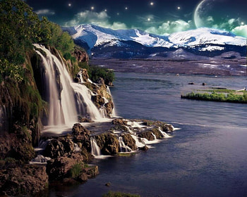 Waterfall, sky, nature, water, mountain HD wallpaper