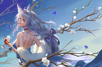 Kitsune, blue, frumusete, primavara, girl, fox, spring, white he, fantasy, ears, luminos HD wallpaper