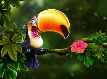 Toucan, art, bird, exotic, florianne becker, fantasy, flower, yellow, funny, hibiscus, pasari HD wallpaper