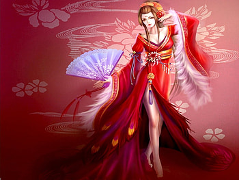 Oriental Princess, pink, red, oriental, princess, fan HD wallpaper