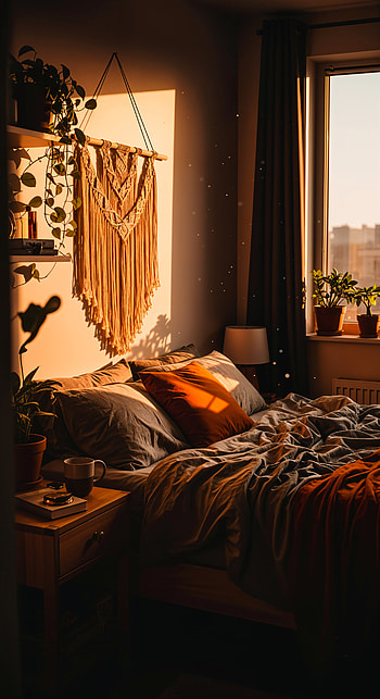Golden Hour Nook — Aesthetic Bedroom, bedroom, bed, plant HD phone wallpaper