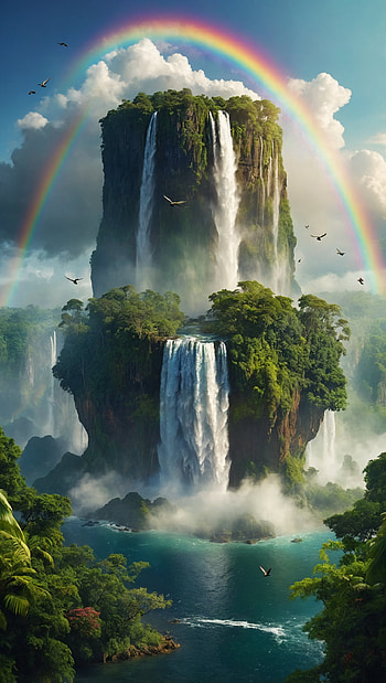 Magical Floating Island with Waterfall and Rainbow, Fantasy, Surreal HD phone wallpaper