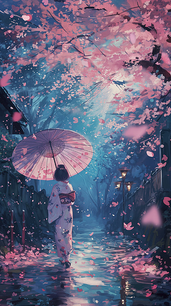 Anime Kimono Girl in Cherry Blossom - Enchanting , Anime, anime girl, kimono, cherry blossom, umbrella HD phone wallpaper