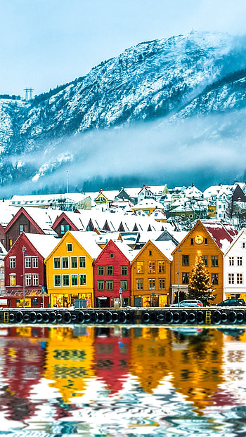 Bryggen, Winter view, Vgen harbor, Bergen cityscape HD phone wallpaper