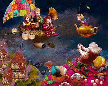 Grandfather's tales, children, art, swhip, copil, pink, painting, fantasy, pictura, victor nizovtsev, luminos, dream, teapot HD wallpaper