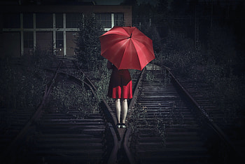 Girl With Umbrella On The Railway, girls, train, umbrella, railroad HD wallpaper