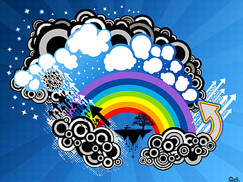 BLUE VECTOR, blue, clouds, vector, rainbow HD wallpaper