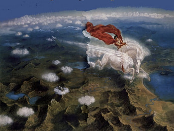 Pegasus with Greek, wings, horse, winged, man, clouds, mountain HD wallpaper