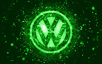 Volkswagen green logo, , green neon lights, creative, green abstract background, Volkswagen logo, cars brands, Volkswagen HD wallpaper