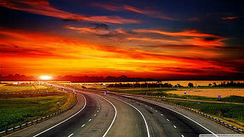 highway to glorious sunset, signs, fields, highway, sunset HD wallpaper