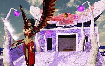 Mystical Temple, globes, wings, sword, flames, angel, shining, red, fire, flaming, female HD wallpaper