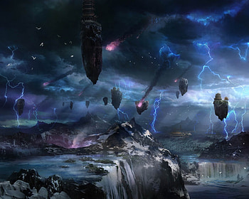 fantasy world, buildings, lightning, snow, waterfall, mountains HD wallpaper