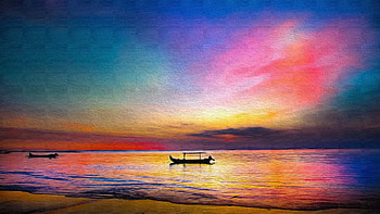 Sunset, boat, sea, colorful, artwork HD wallpaper